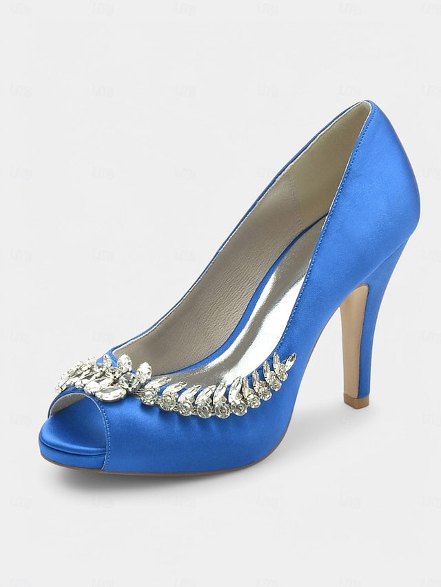 with – Peep-Toe Crystal Embellishment Heels Blue Satin Luxury