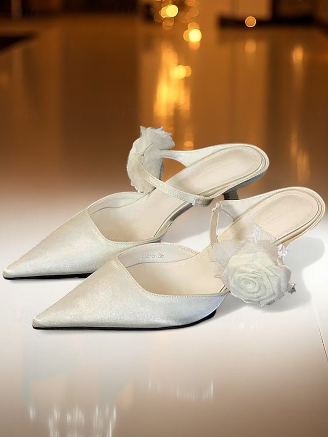 Toe Ankle Floral Pointed Satin Women's Heels with Green