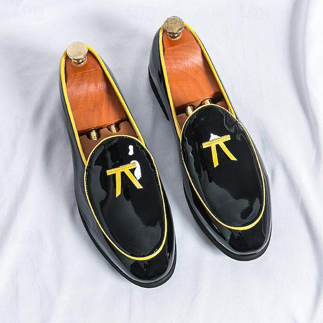 Leather Loafers Men's with Trim Yellow Patent Black Faux