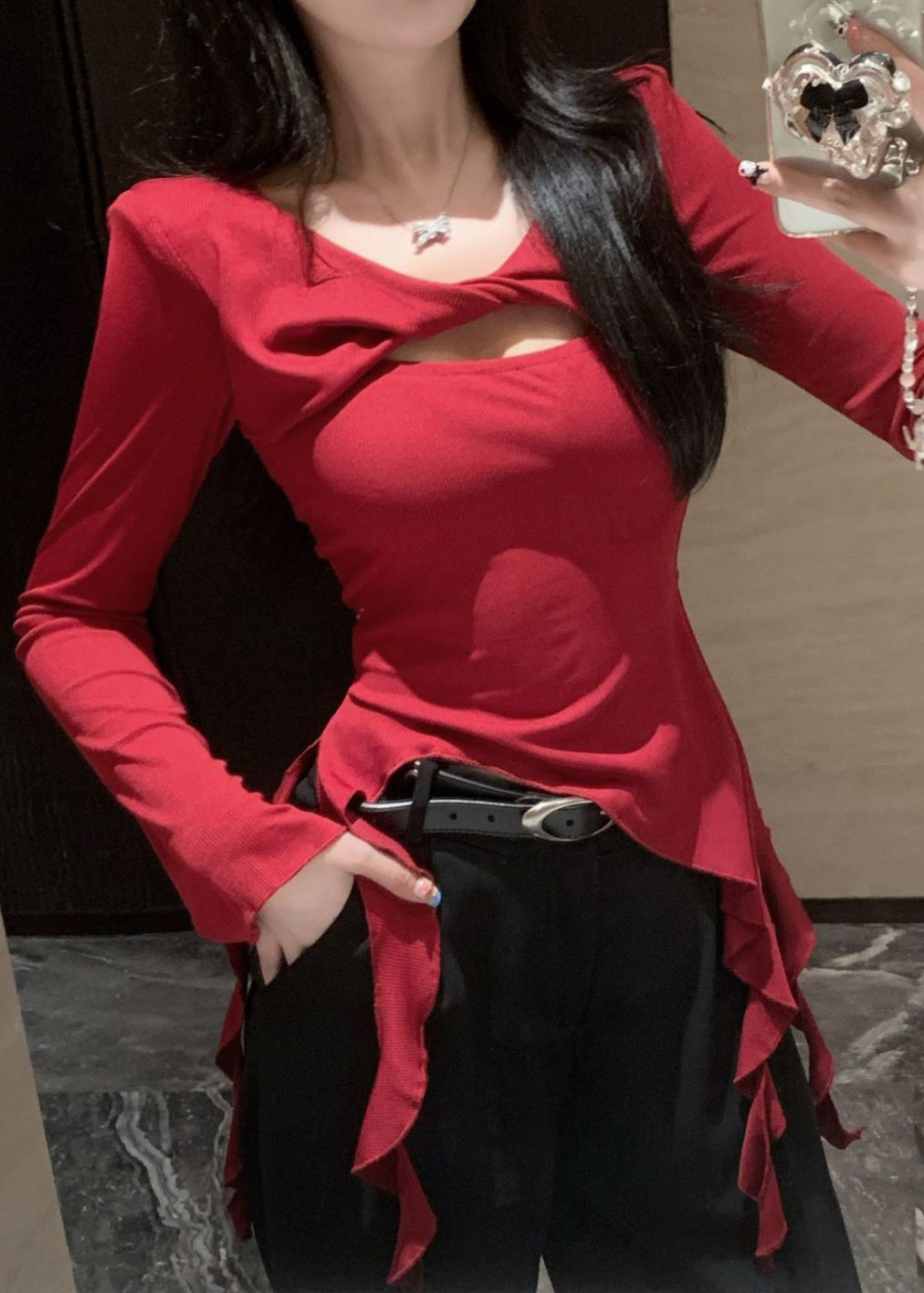 lim Fit Hollow Spring Cotton Shirt Red T Asymmetrical Out