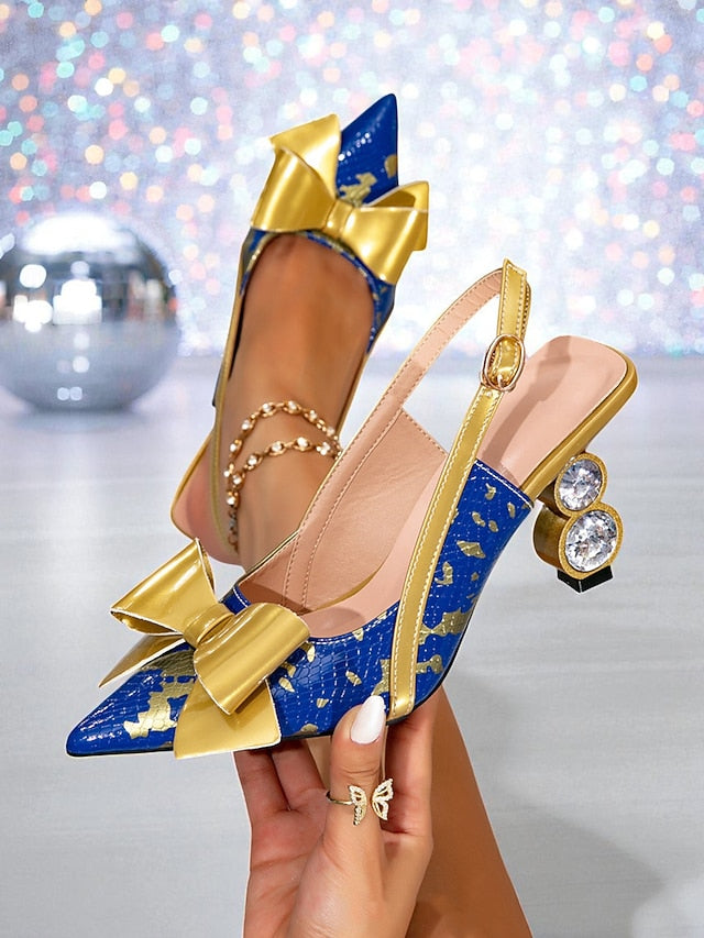 Gold Bow Heel Women's - Slingback Blue and Pumps High
