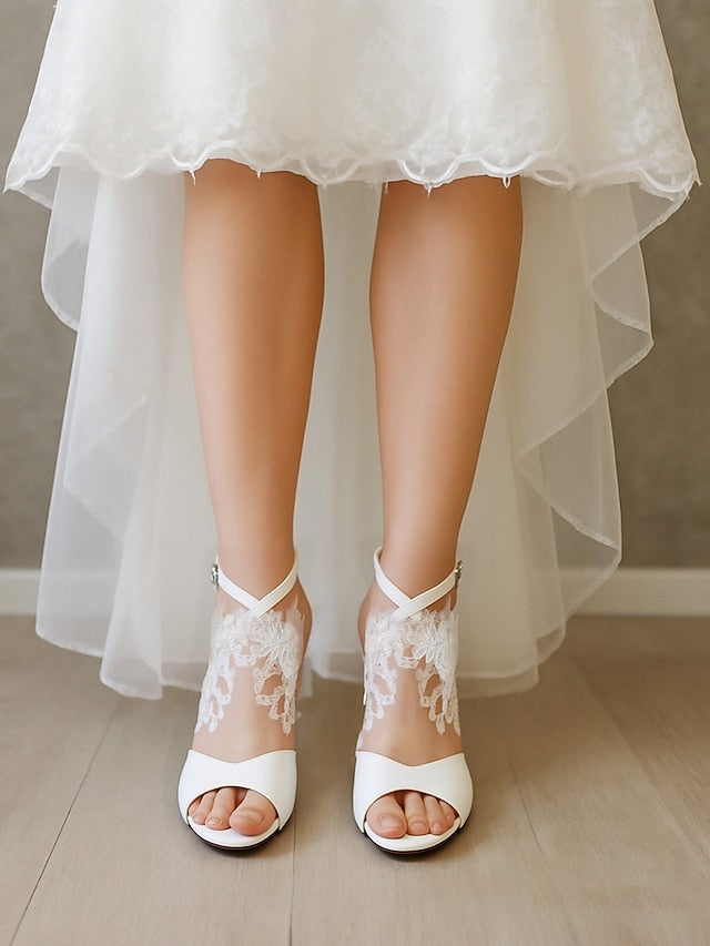 Women's Heel Ankle Block Strap White - with Lace Sandals