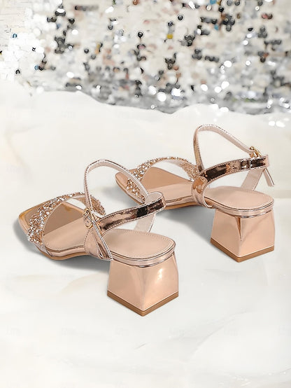 – Wedding Heel Women for Gold Sandals Rhinestone Block Elegant