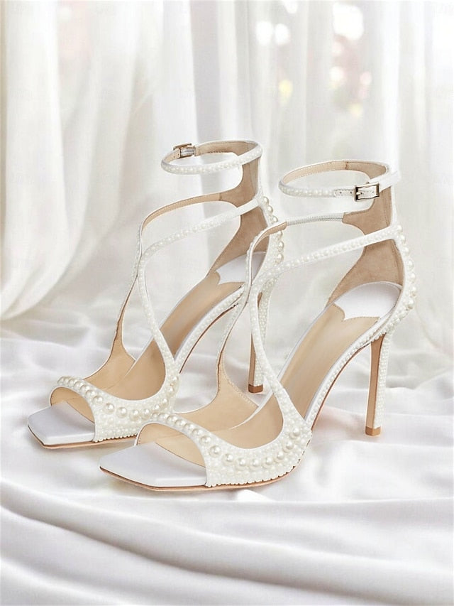 with Open-Toe White Sandals Stiletto Pearl-Embellished Ankle