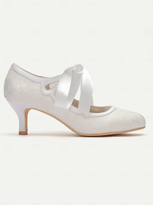 Ribbon Satin Pumps Lace with Elegant Bridal White - Vintage Ties