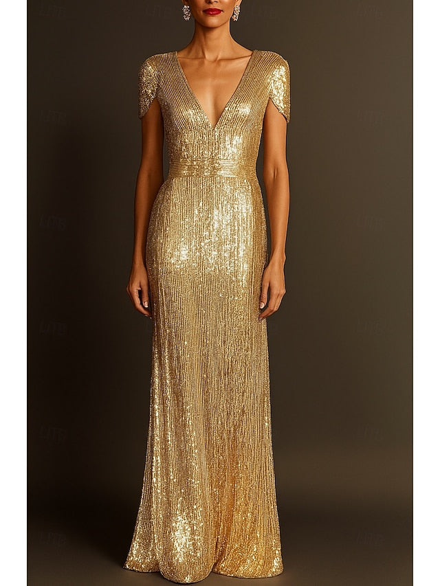 Elegant Gown Column Formal Evening Black Dress Gold Wedding