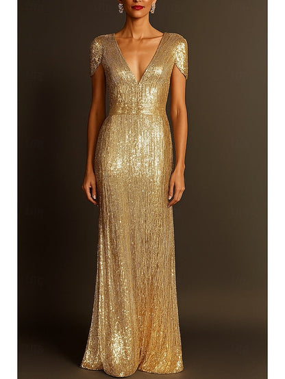 Elegant Gown Column Formal Evening Black Dress Gold Wedding