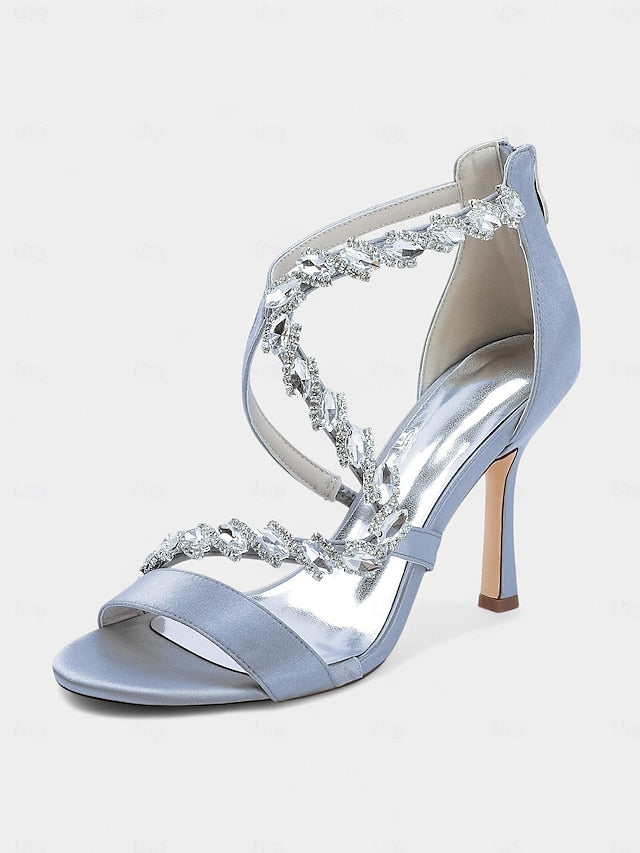- Heel Strappy Sandals White Rhinestone Women's High