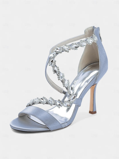 - Heel Strappy Sandals White Rhinestone Women's High