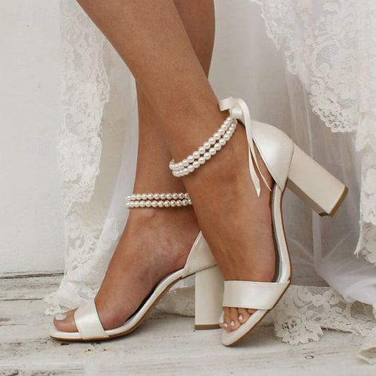 Wedding Anklet and Heels - Sandals Pearl with White Satin Block