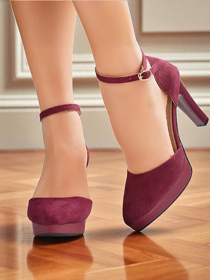 Strap Platform Suede Ankle Burgundy High Heel 1950s Women's