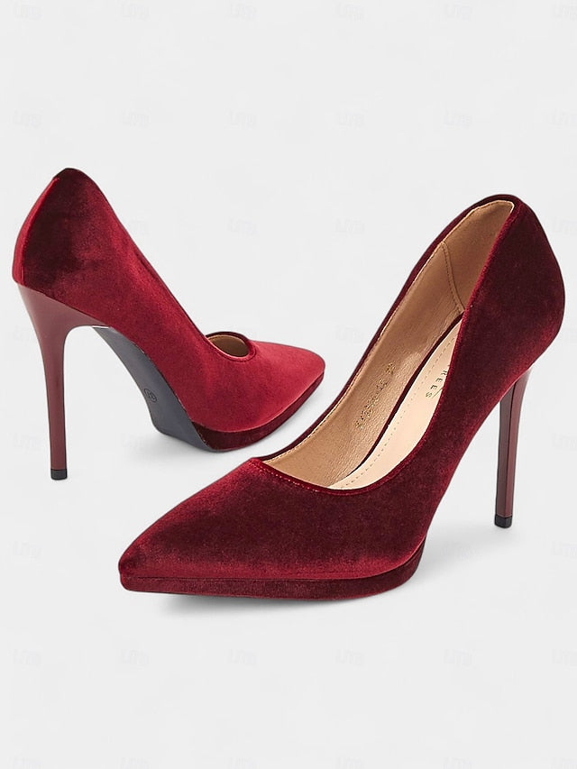 Stiletto Pumps Heel Velvet and Burgundy with Women's