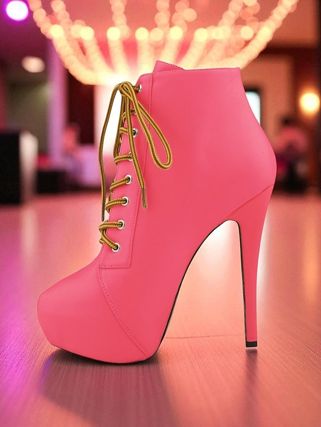 Leather Ankle Beige Platform Faux Women's - Boots Lace-Up