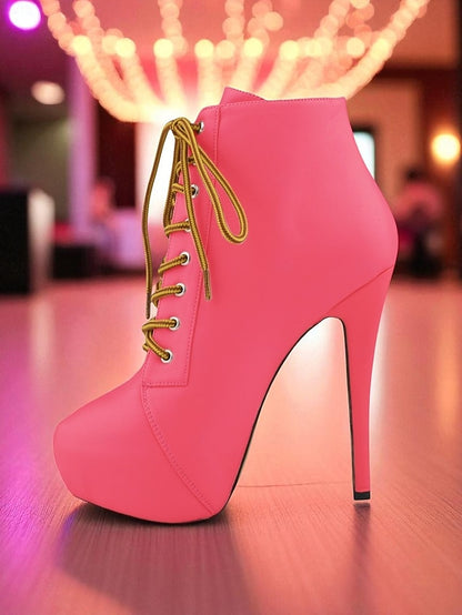 Leather Ankle Beige Platform Faux Women's - Boots Lace-Up