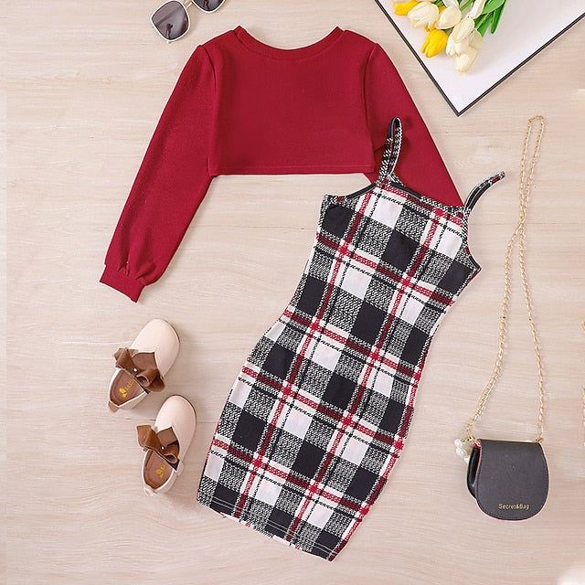 Girls' Block Color Kids Dress Set Pieces Long Suits 2