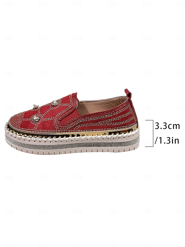 Rhinestone Red Platform Sneakers with Studs Slip-On Women's