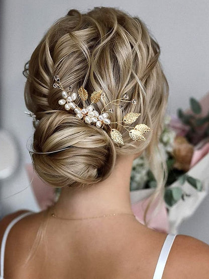 with Faux Pearls Accessory and Bridal Gold Silver Set Hair Leaf