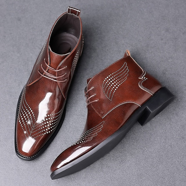 Leather Ankle Men's Faux Glossy Burgundy Wingtip Brogue