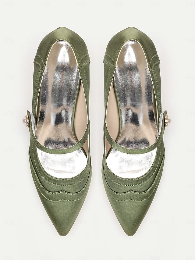 Pearl Button Mary Heels Green - Jane Elegant with Satin