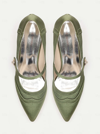 Pearl Button Mary Heels Green - Jane Elegant with Satin
