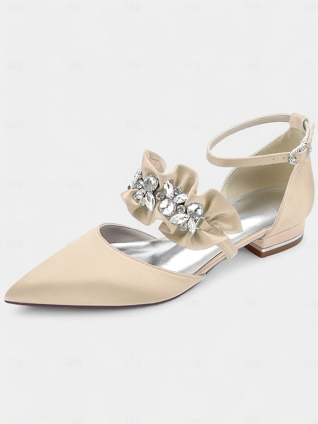 Satin Pointed-Toe with Women's Black Rhinestone Flats