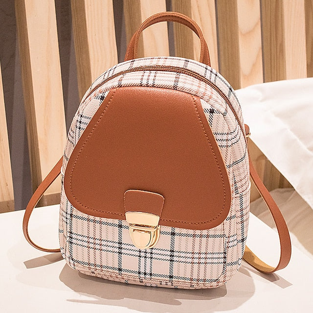 Leather Backpack Mini Buckle – with and Stylish Plaid Flap