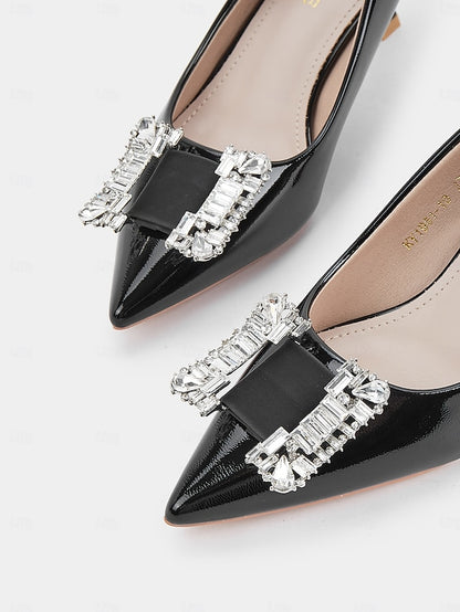 Crystal Embellished with Women's Black Patent Pumps Leather