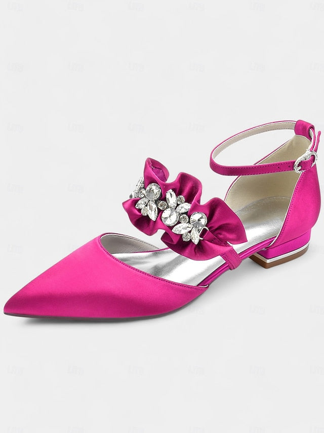 Satin Pointed-Toe with Women's Black Rhinestone Flats