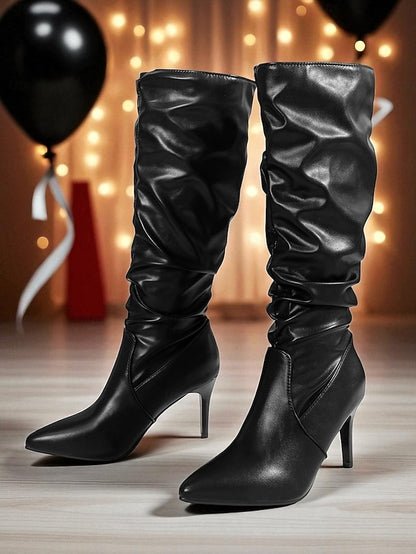 Women's Leather Pointed Boots High - Faux Brown Toe Knee