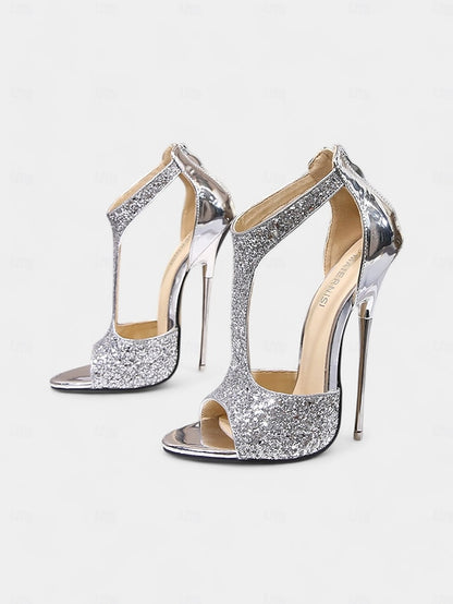 with Stiletto for Gold T-Strap Glitter Heels and Design Toe Open