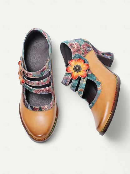 Mary Jane Women's Vintage Heels 1930s Floral Leather –