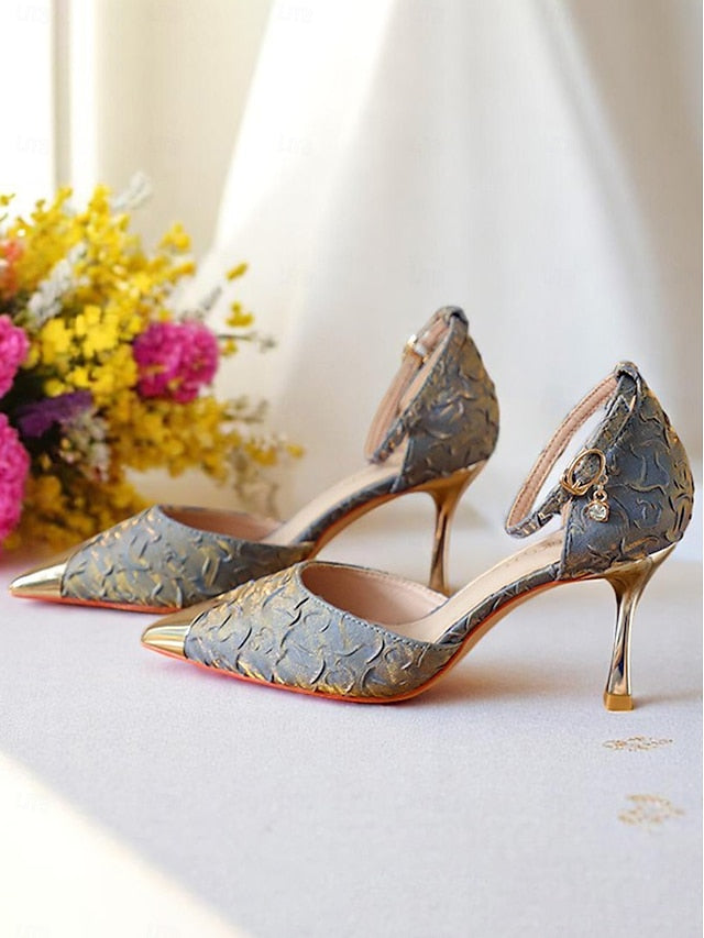 Heels Gold Beige Accents Women's Satin Pointed with and Toe