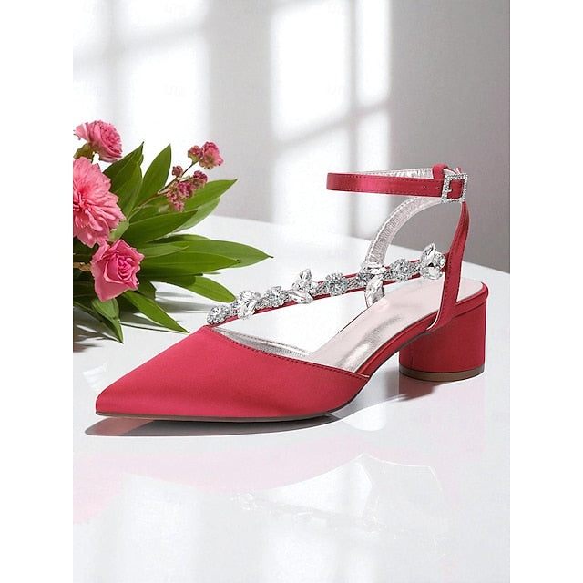 Satin Rhinestone Purple Women's Block with Heel Pumps