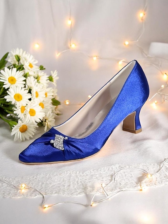 with Heels Blue Bow Rhinestone Royal Kitten Satin Women's
