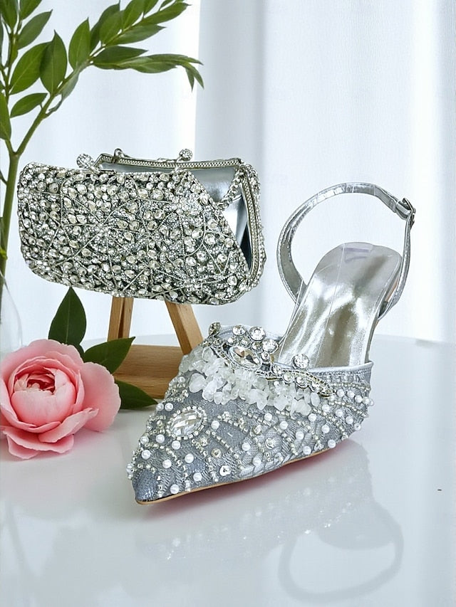 Heel Rhinestone Women's Shoes Green Set and Clutch - Bag