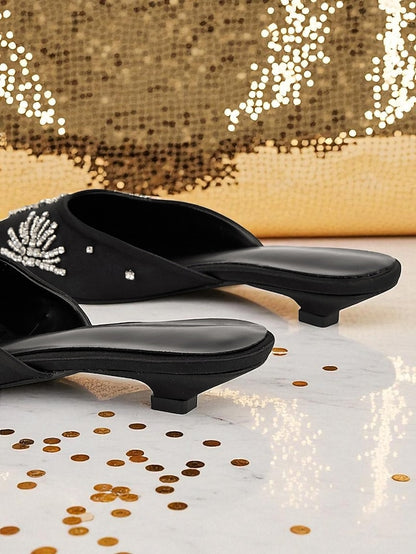 Satin Pointed Black Mules Rhinestone Women's with Toe