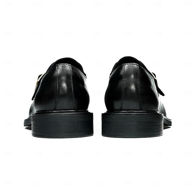 First Men's Genuine Strap Monk Black Leather Shoes-