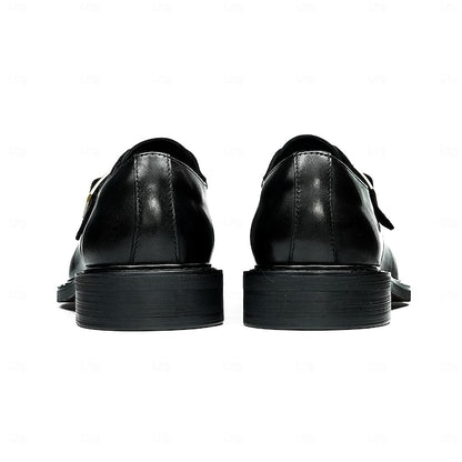 First Men's Genuine Strap Monk Black Leather Shoes-