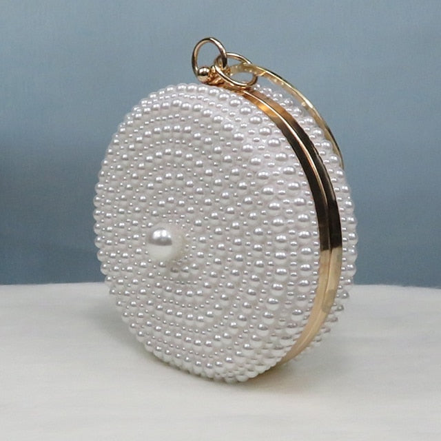 Pearl-Embellished Pearl Stiletto Round Set and Heels White Purse