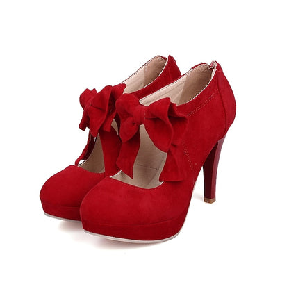 Women's Bow High Pumps Vintage Red Heel Platform Suede –
