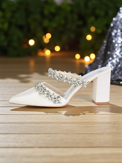 Heel Block Mules with Black Satin Floral Rhinestone Women's