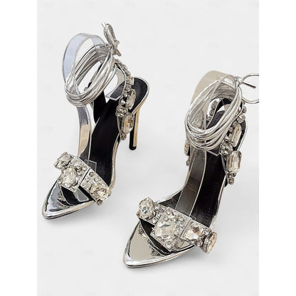 Green Stiletto Women's Heels Metallic Lace-Up with