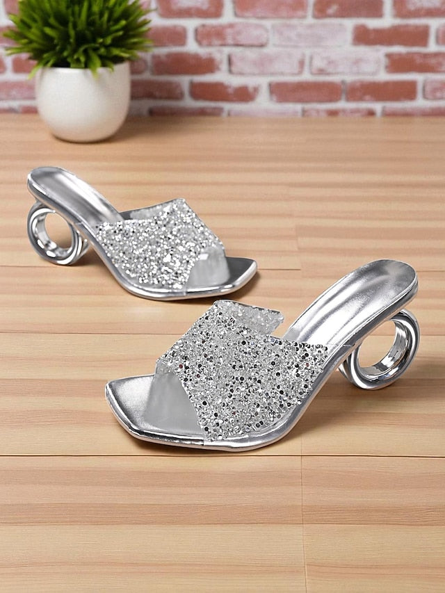 Mules Ring Rhinestone Silver Toe Unique Women's Open with