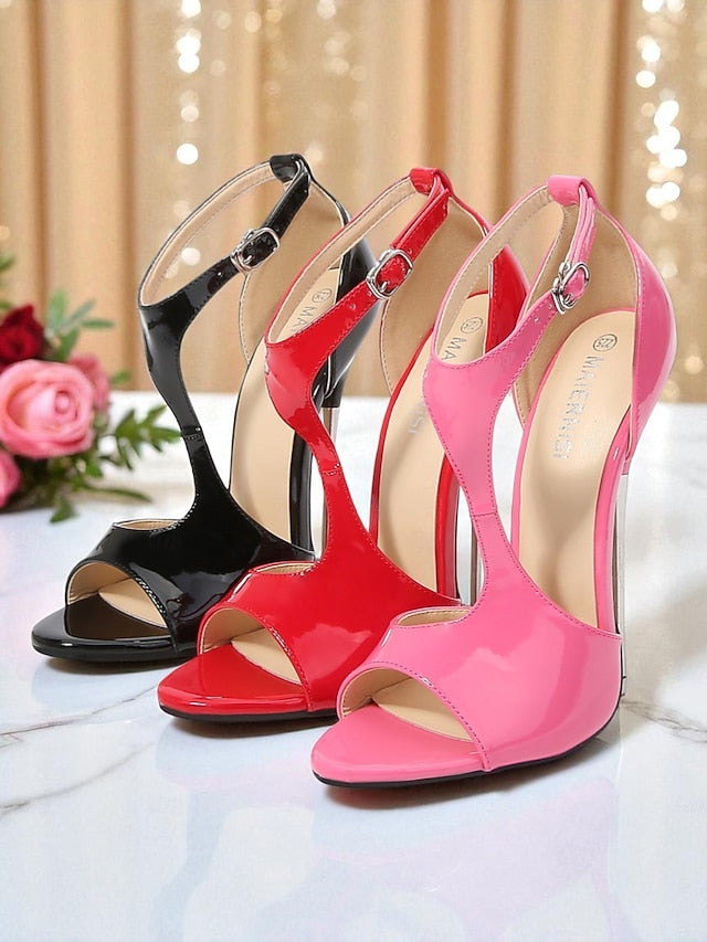Stiletto Red Women's Leather Patent Heels Open Strappy -