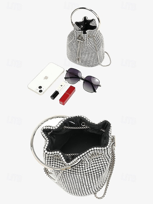 Bucket Bag Rhinestone Silver Metal Women's with Sparkling