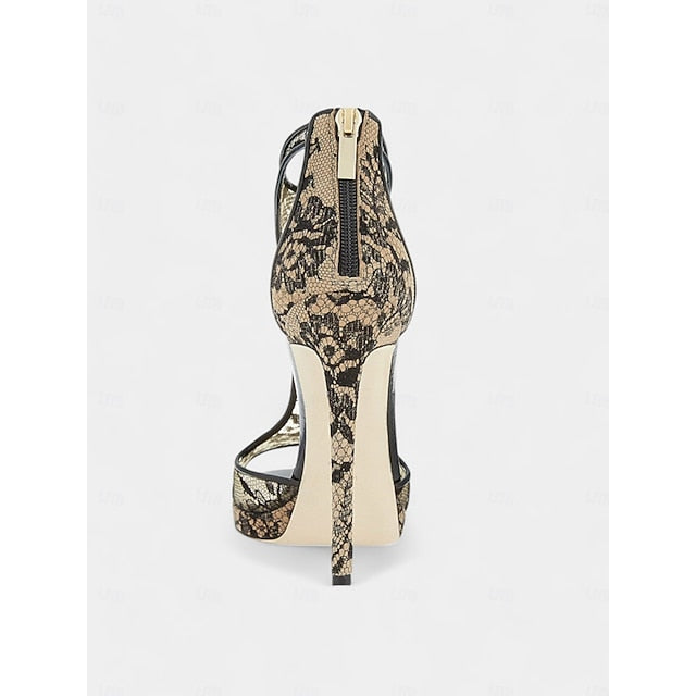 Mesh Design Heels Stiletto for with Peep-Toe Lace Black