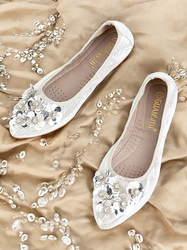 Floral Flats Embellished Foldable Comfortable Women's –