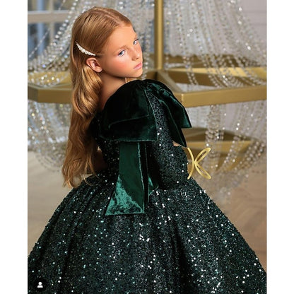 Sequins Girls' Wedding Long Party Dress Sleeve Sequin Kids
