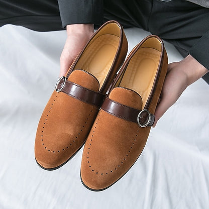 Strap Brown Men's Suede Slip-On Faux Loafers with Buckle