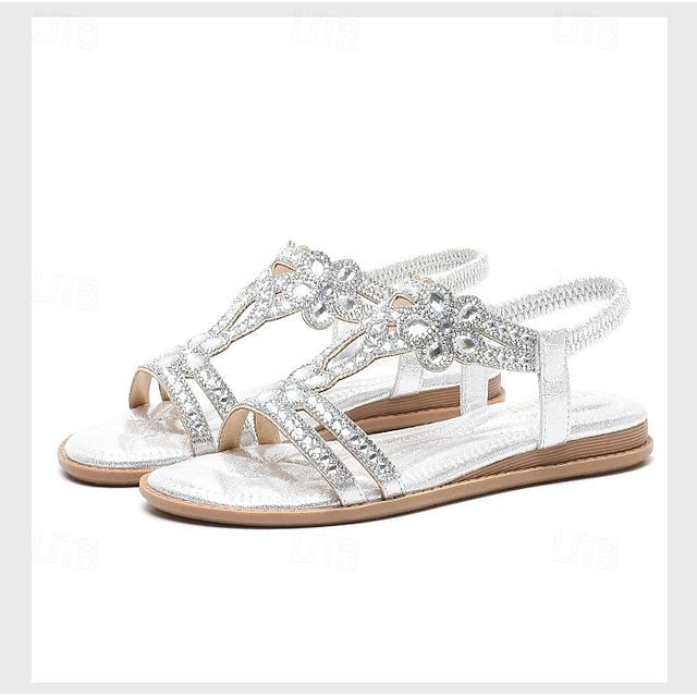 Rhinestone – Flat Boho Silver Sandals Women's T-Strap